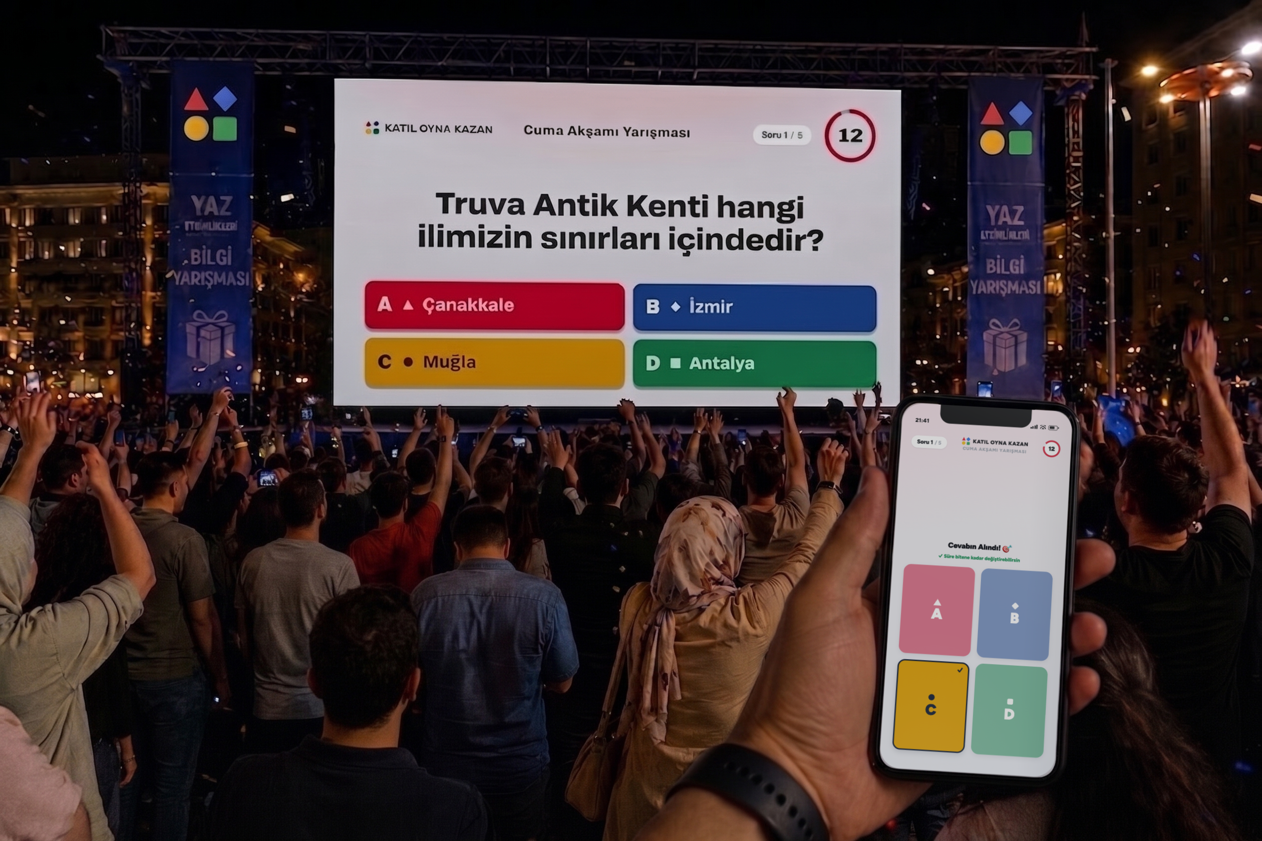 Meydanda binlerce kişinin telefonundan oynadığı canlı bilgi yarışması